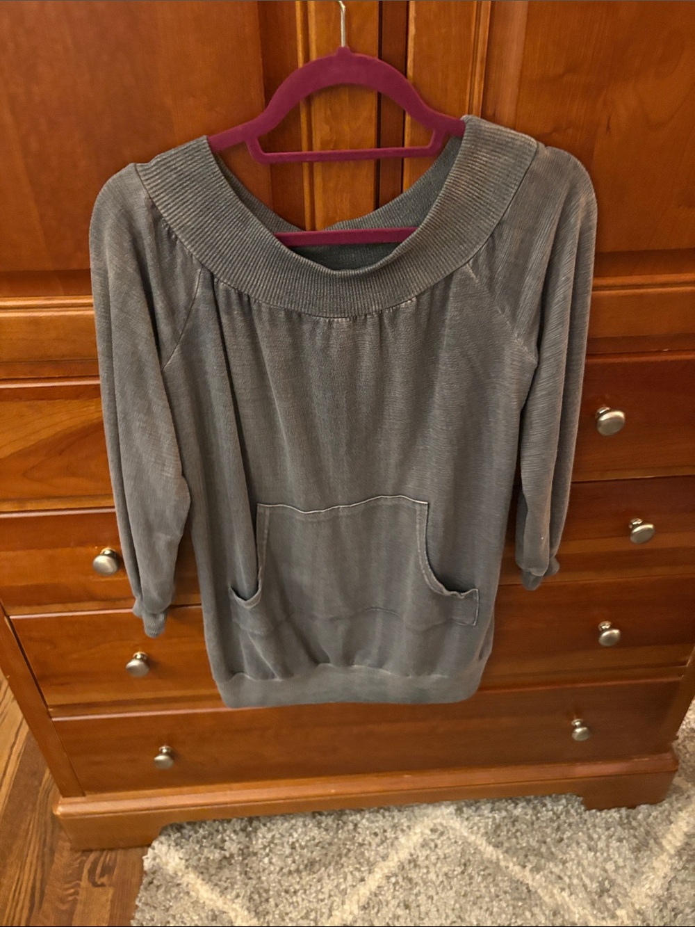 She and Sky Gray Scoop Neck Pullover with Front Pocket